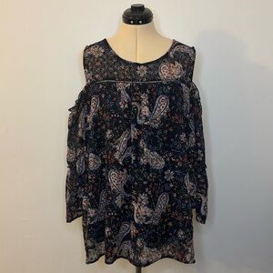 Westport Navy & Red Paisley Swiss Dot Cold Shoulder Bell Sleeve Blouse Top, 2X